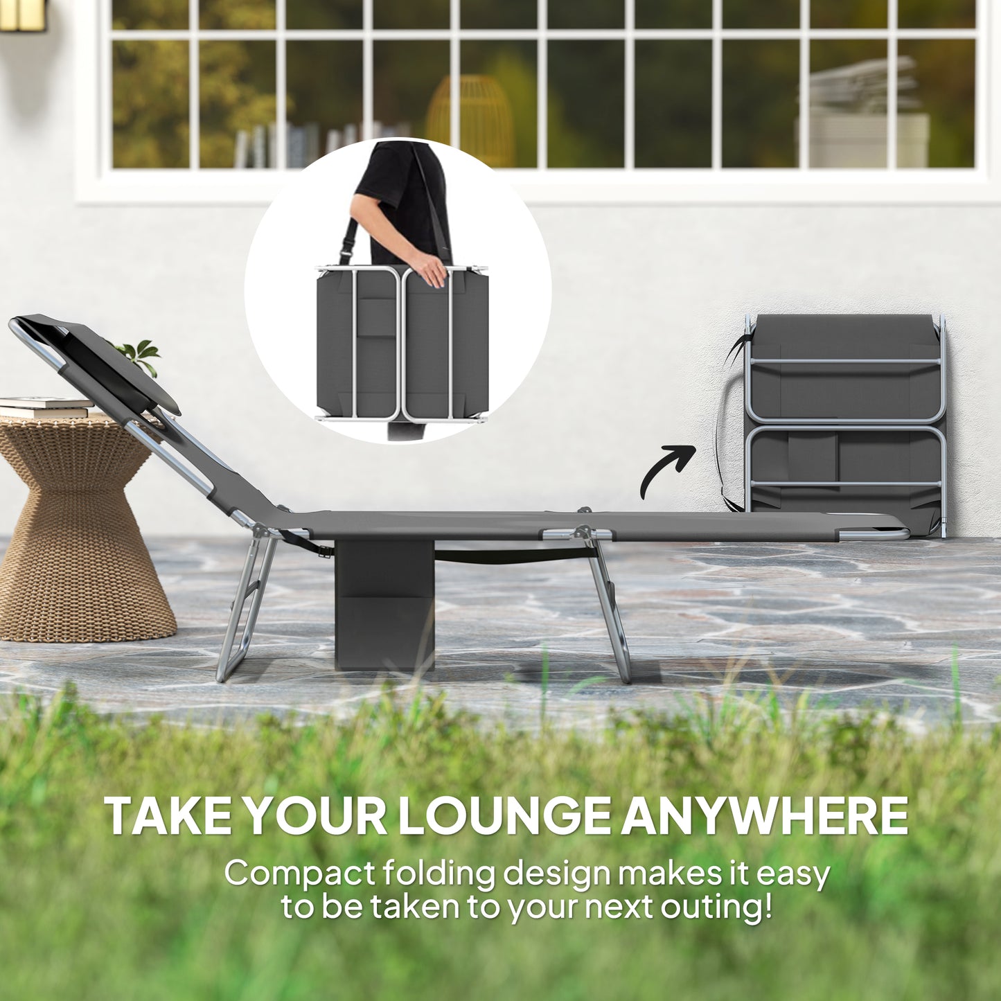 Sun Lounger with Reading Hole, Folding Garden Lounger, Dark Grey