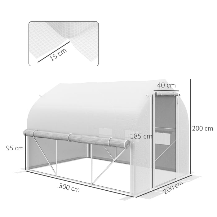 3 x 2m Walk-in Polytunnel Greenhouse, Zipped Roll Up Sidewalls, Mesh Door, Mesh Windows, Tunnel Warm House Tent w/ PE Cover, White