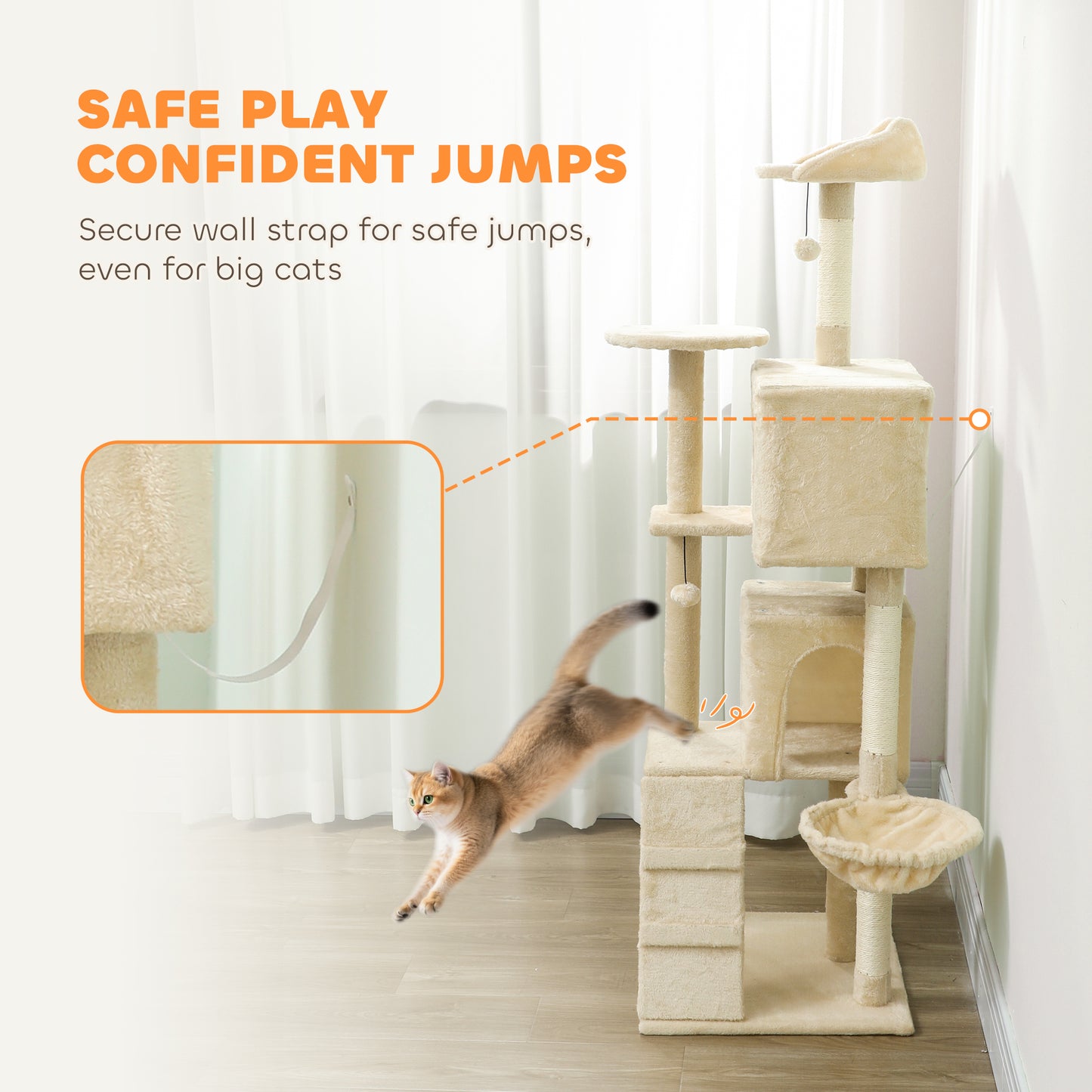 160cm Cat Tree Tower with Sisal Scratching Posts, Condos, Beige