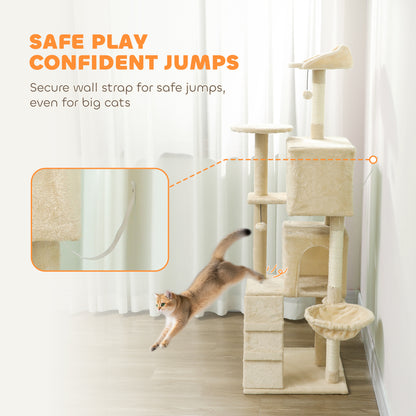 160cm Cat Tree Tower with Sisal Scratching Posts, Condos, Beige