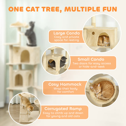 160cm Cat Tree Tower with Sisal Scratching Posts, Condos, Beige