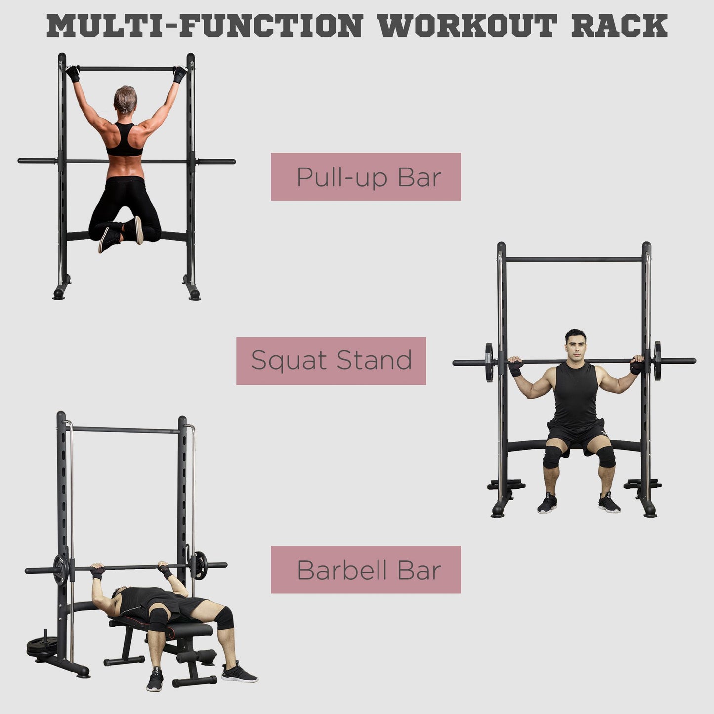 Adjustable Squat Rack with Pull Up Bar and Barbell Bar for Home Gym