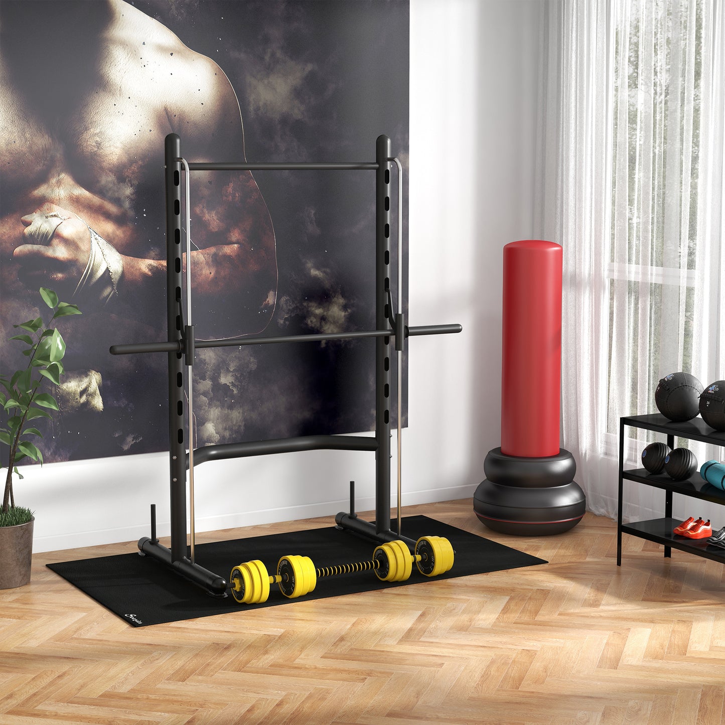 Adjustable Squat Rack with Pull Up Bar and Barbell Bar for Home Gym