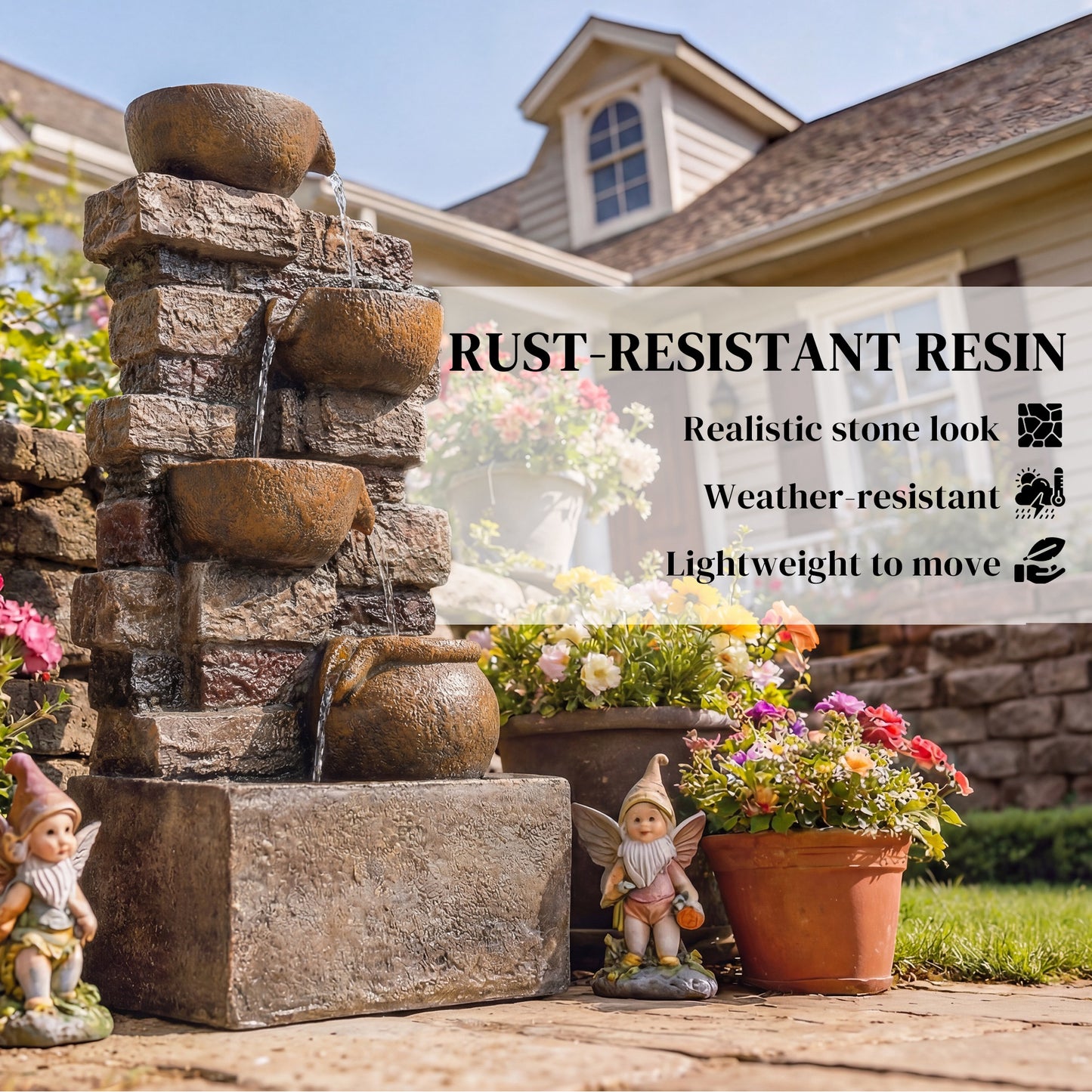 Outdoor Fountain with LED Lights, Cascading Waterfall Feature