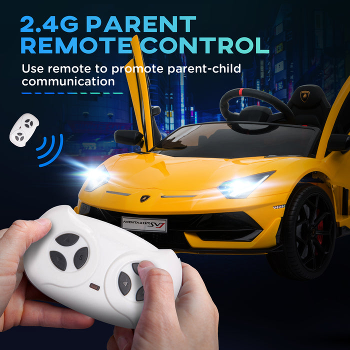 Compatible 12V Battery-powered Kids Electric Ride On Car Lamborghini Aventador Sports Racing Car Toy with Parental Remote Control Lights Yellow