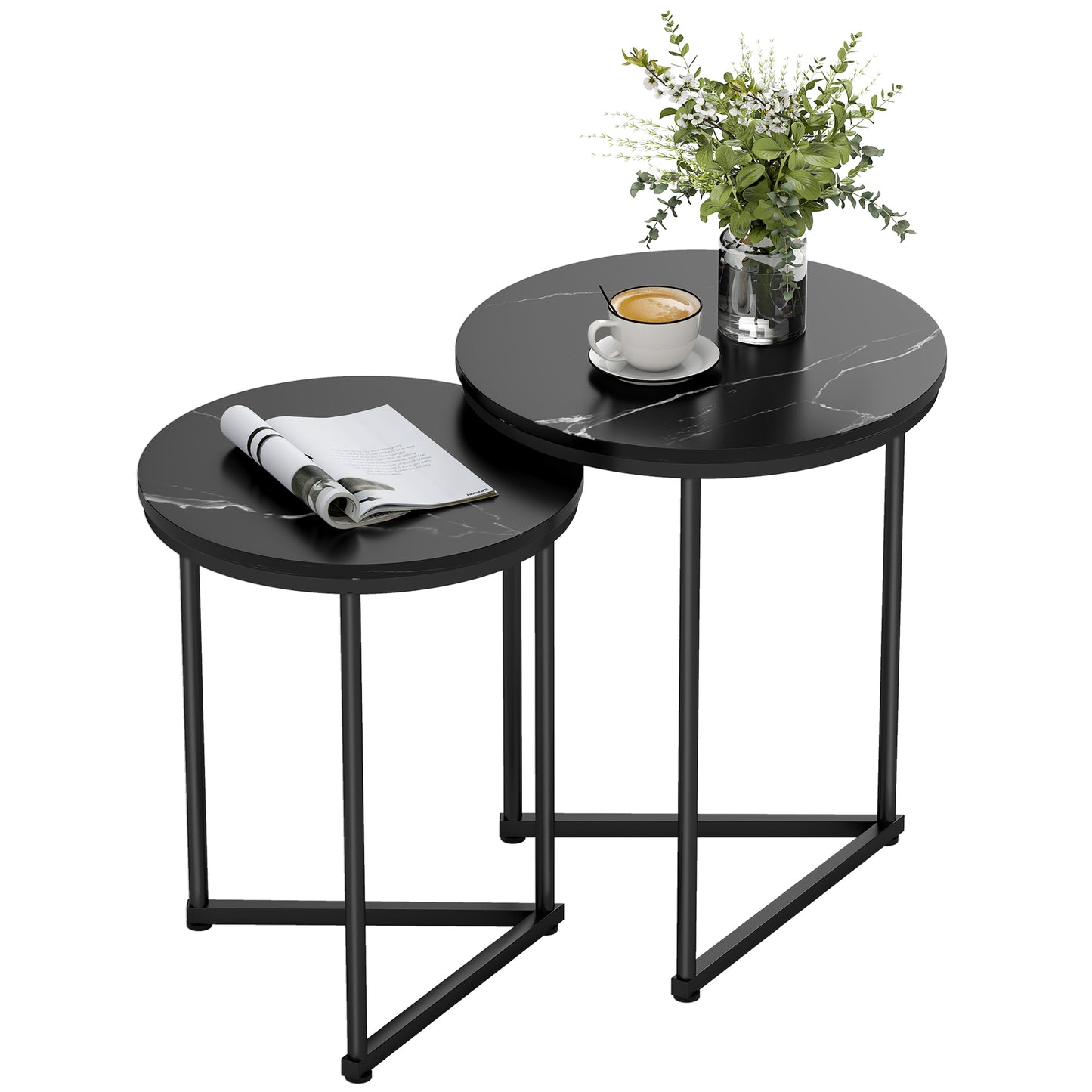 Nesting Coffee Table Set of 2 with Metal Frame, Black Marble Effect