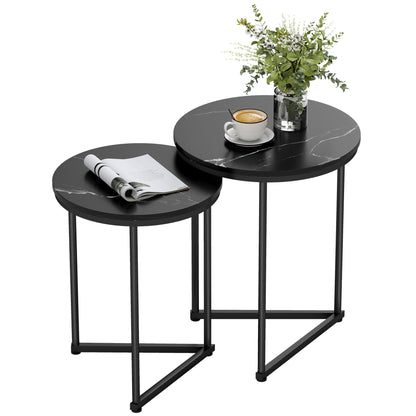 Nesting Coffee Table Set of 2 with Metal Frame, Black Marble Effect