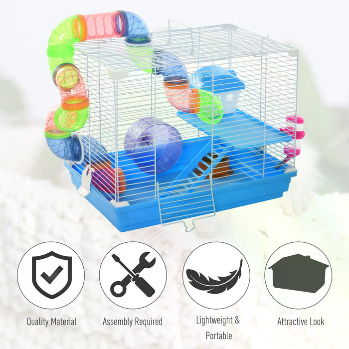 2 Tier Hamster Cage Carrier Habitat Small Animal House with Exercise Wheels Tunnel Tube Water Bottle Dishes House Ladder for Dwarf Mice, Blue