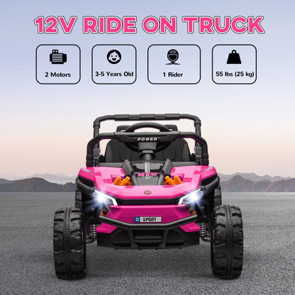 Kids Ride on Car, 12V Battery Powered Electric Truck with Remote Control, 4 Suspension Wheels, Horn, Lights, Music, USB, for Ages 3-5 Years, Pink