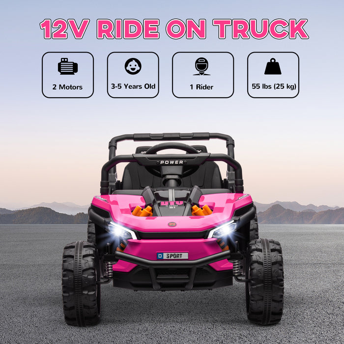 Kids Ride on Car, 12V Battery Powered Electric Truck with Remote Control, 4 Suspension Wheels, Horn, Lights, Music, USB, for Ages 3-5 Years, Pink