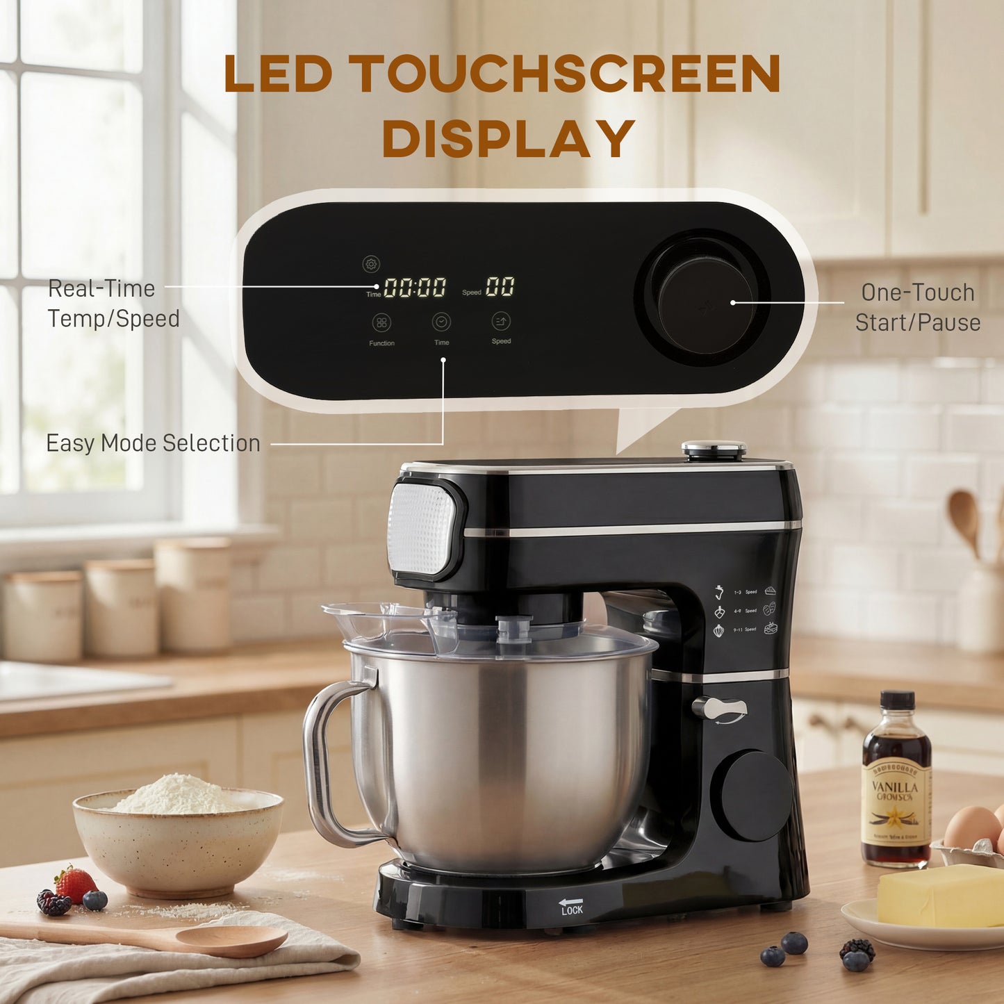 6L 1400W Stand Mixer with 11 Speeds & Fermentation Function, Black