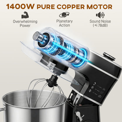 6L 1400W Stand Mixer with 11 Speeds & Fermentation Function, Black