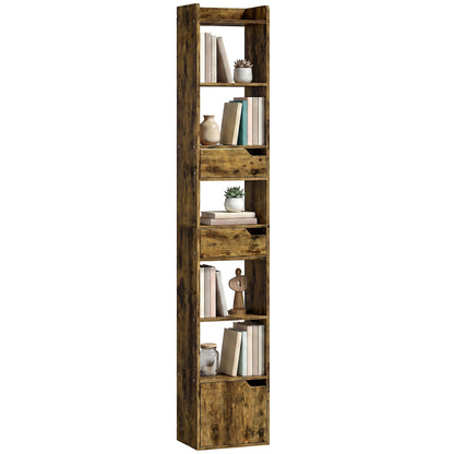 Bookcase with Drawers and Cabinet, 5-Tier Bookshelf, Narrow Tall Storage Cabinet with Anti-Tip for Living Room, Study, Home Office, Rustic Brown