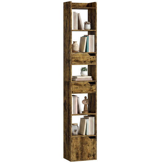Bookcase with Drawers and Cabinet, 5-Tier Bookshelf, Narrow Tall Storage Cabinet with Anti-Tip for Living Room, Study, Home Office, Rustic Brown