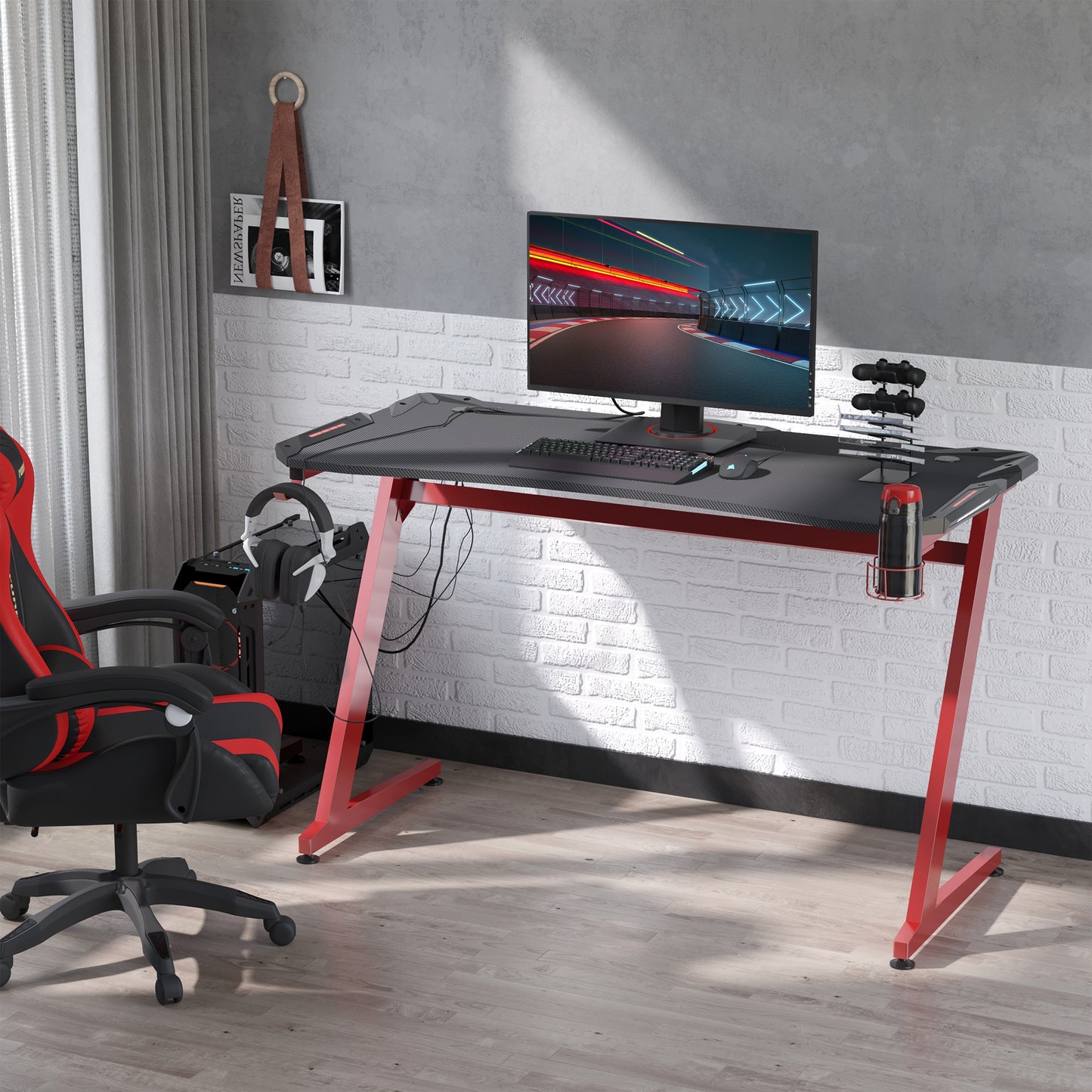 Gaming Desk with Gamepad Holder Cup Holder Headphone Hook 142cm