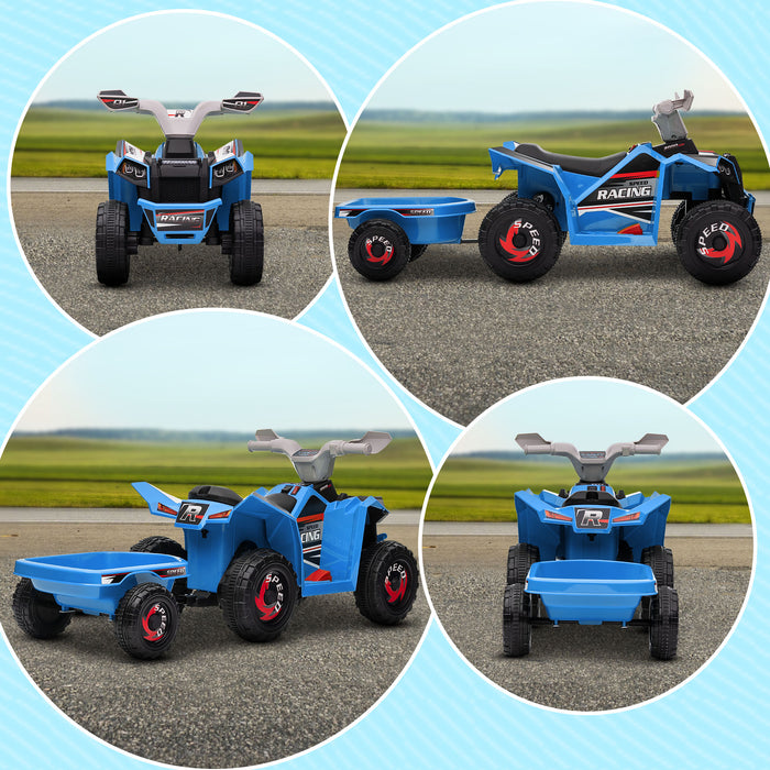 6V Quad Bike with Back Trailer, Wear-Resistant Wheels, for Ages 18-36 Months, Blue