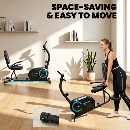Recumbent Exercise Bike for Home, Indoor Stationary Bike for Seniors with Bluetooth, App Connectivity, 8-Level Magnetic Resistance, LCD Display, Pulse Sensors, Adjustable Seat and Wheels
