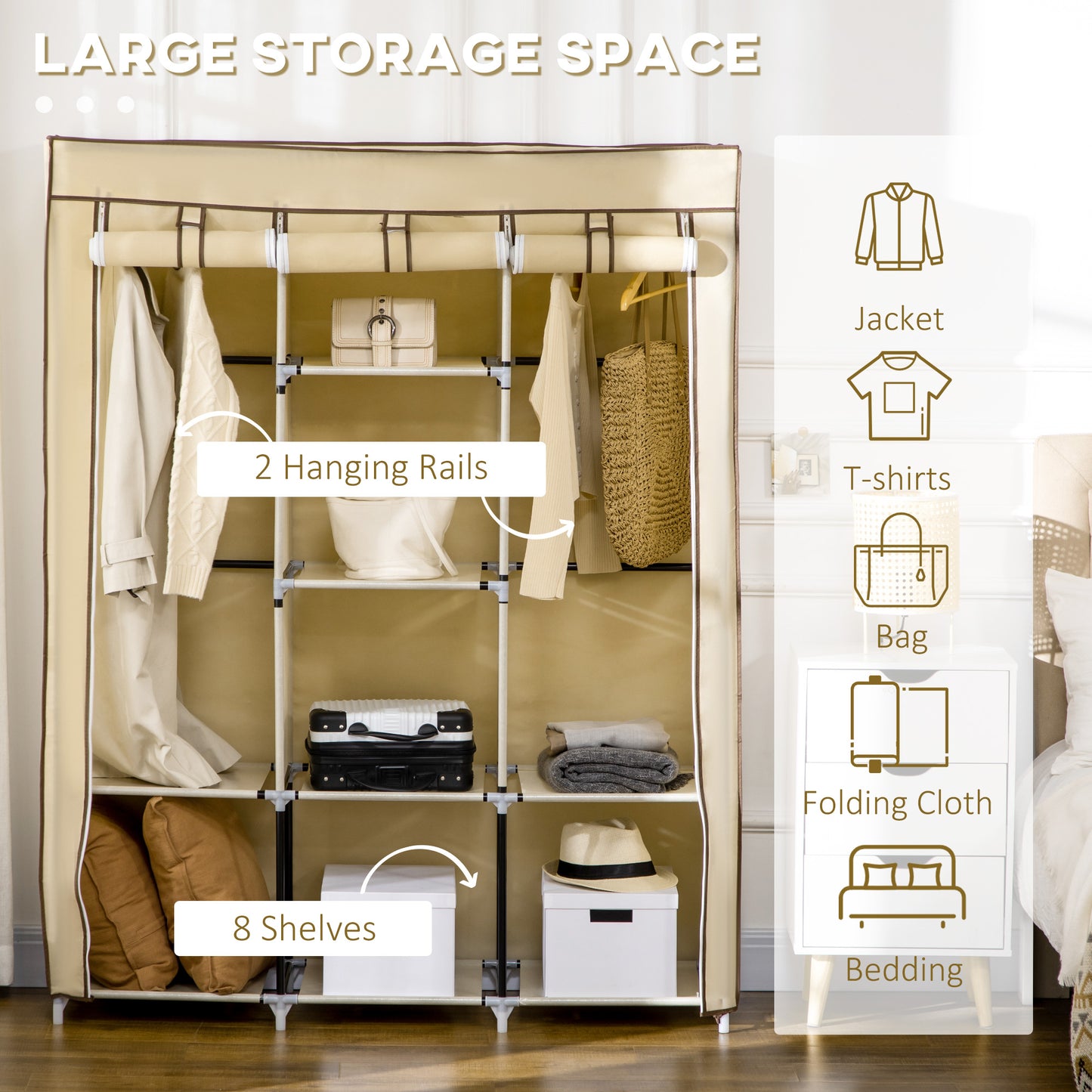 Fabric Portable Wardrobe with 8 Shelves 2 Hanging Rails, Beige
