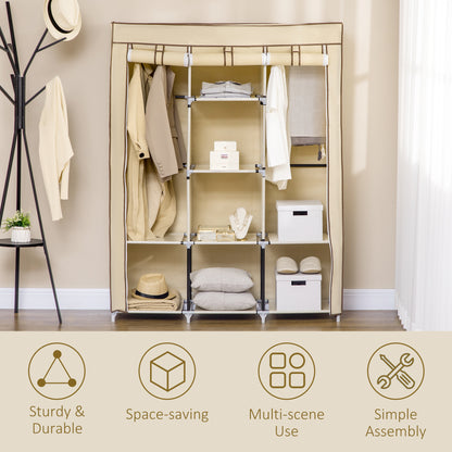Fabric Portable Wardrobe with 8 Shelves 2 Hanging Rails, Beige