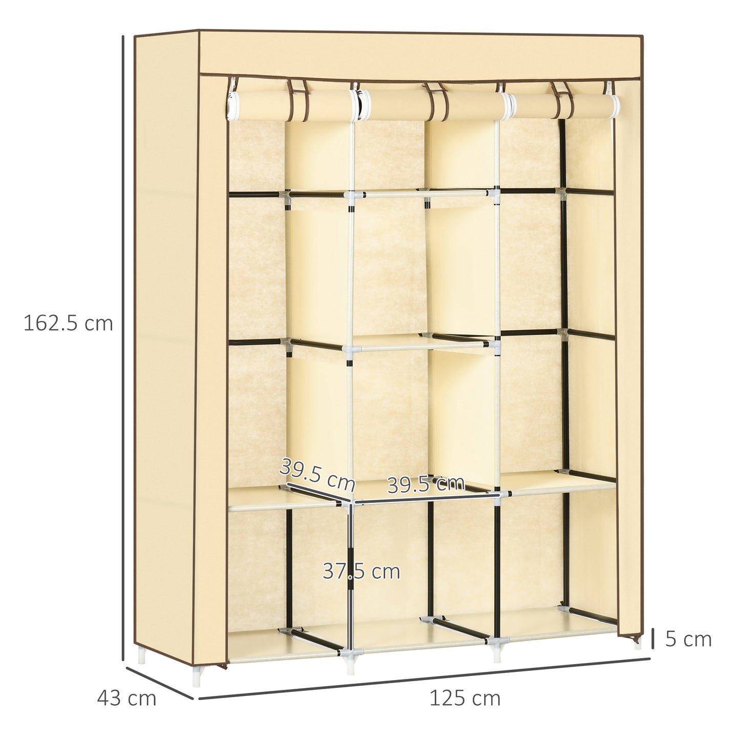 Fabric Portable Wardrobe with 8 Shelves 2 Hanging Rails, Beige