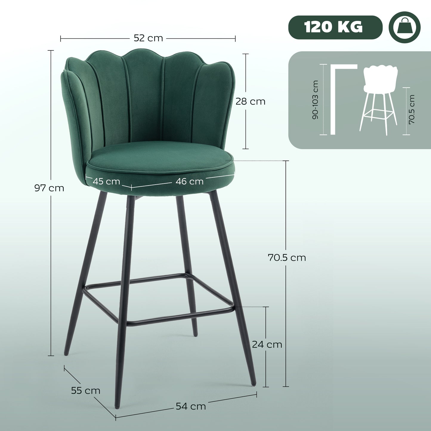 Set of 2 Barstools with Petal Backrest for Kitchen Island Dark Green