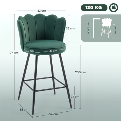 Set of 2 Barstools with Petal Backrest for Kitchen Island Dark Green