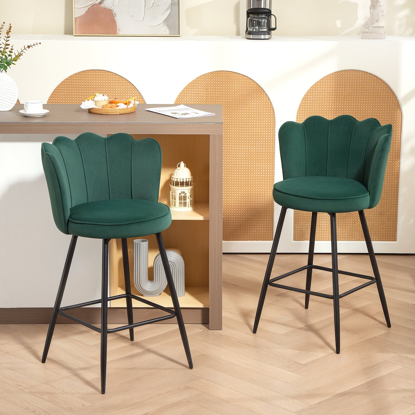 Set of 2 Barstools with Petal Backrest for Kitchen Island Dark Green