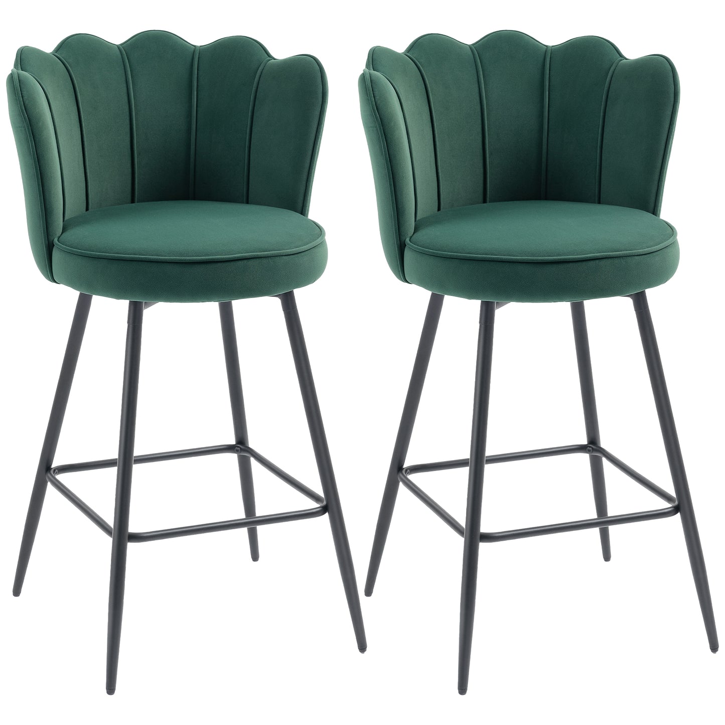 Set of 2 Barstools with Petal Backrest for Kitchen Island Dark Green