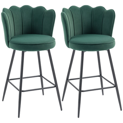 Set of 2 Barstools with Petal Backrest for Kitchen Island Dark Green