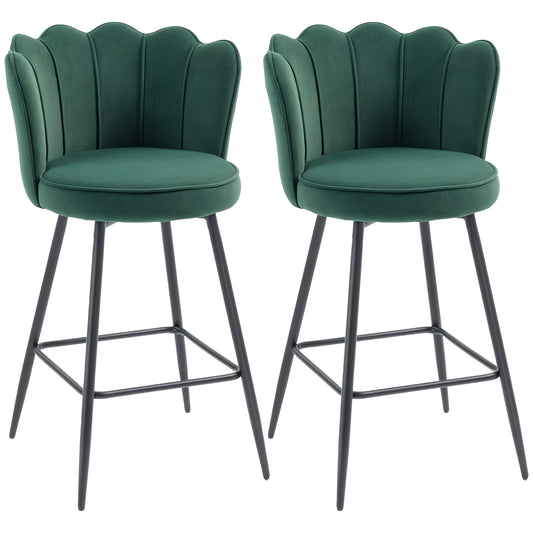 Set of 2 Barstools with Petal Backrest for Kitchen Island Dark Green