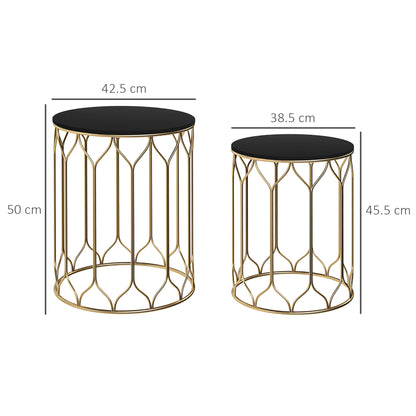 Nesting Tables Set of 2, Marble Effect Side Tables, Black