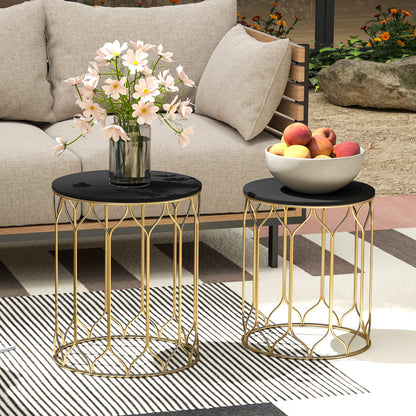 Nesting Tables Set of 2, Marble Effect Side Tables, Black