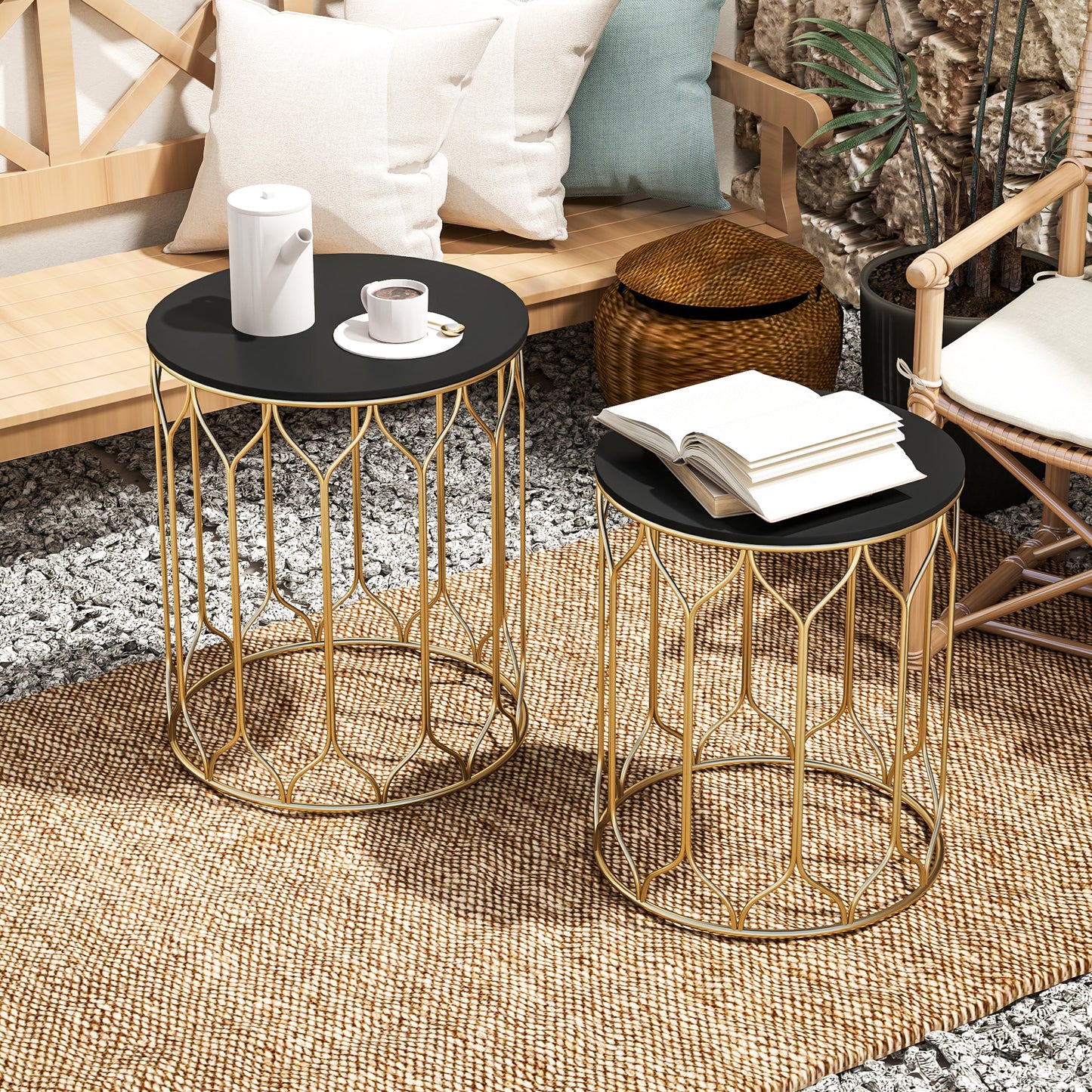 Nesting Tables Set of 2, Marble Effect Side Tables, Black