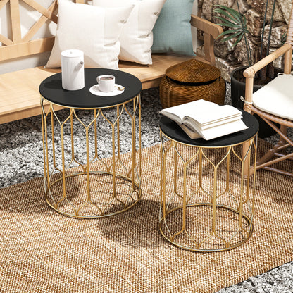 Nesting Tables Set of 2, Marble Effect Side Tables, Black