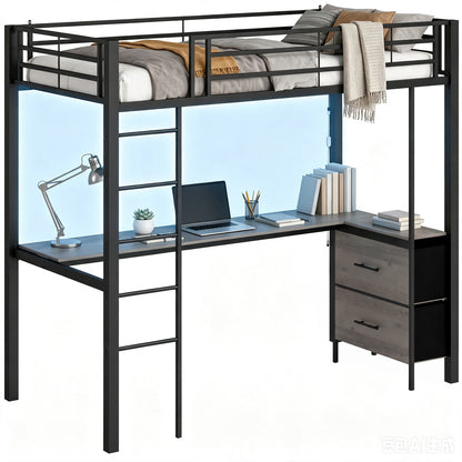 Metal Bunk Bed with Desk, High Sleeper with LED Light and Safety Guardrail