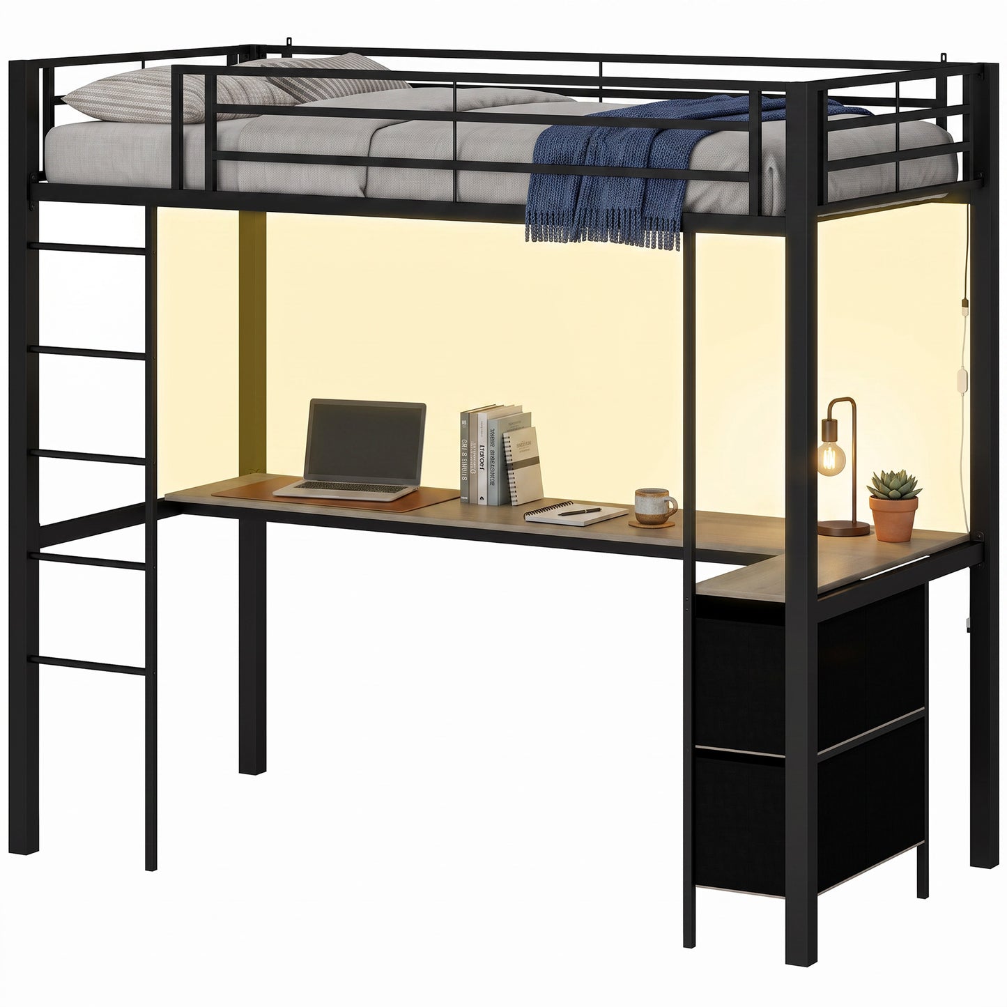 Metal Bunk Bed with Desk, High Sleeper with LED Light and Safety Guardrail