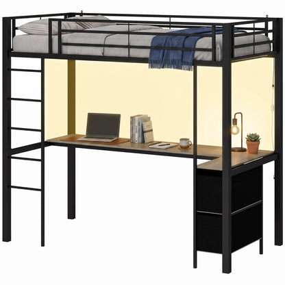 Metal Bunk Bed with Desk, High Sleeper with LED Light and Safety Guardrail