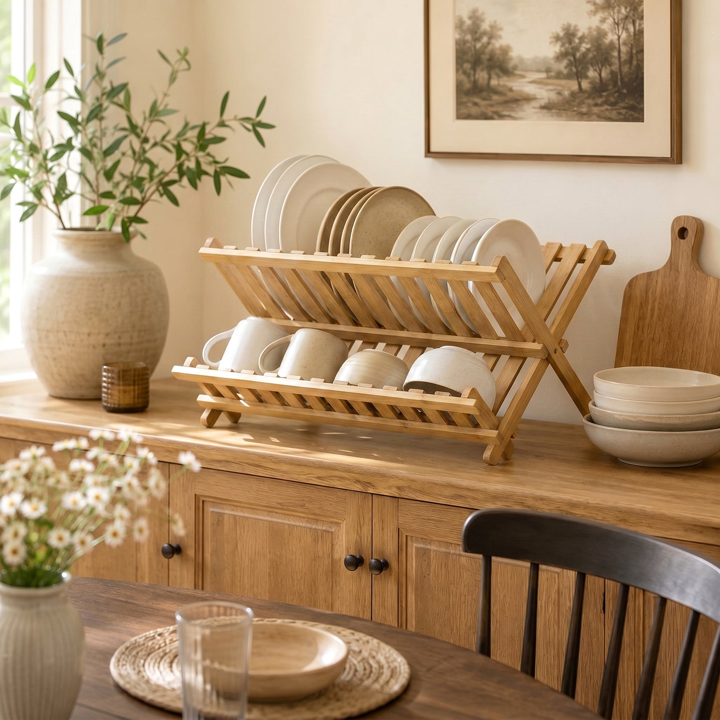 2-Tier Kitchen Storage Unit with Slatted Draining Shelves, Natural