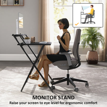 Folding Desk with Monitor Shelf, 70 cm Foldable Computer Desk for Small Spaces, Space Saving Writing Table Workstation for Home Office, Study, Easy Assembly, Black