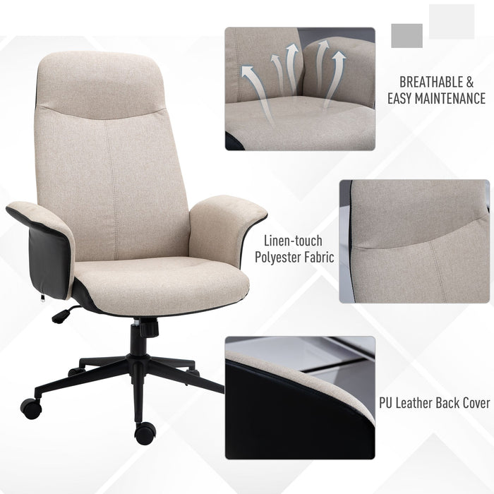 High Back Office Chair, Linen Fabric Computer Desk Chair with Armrests, Tilt Function, Adjustable Seat Height, Beige