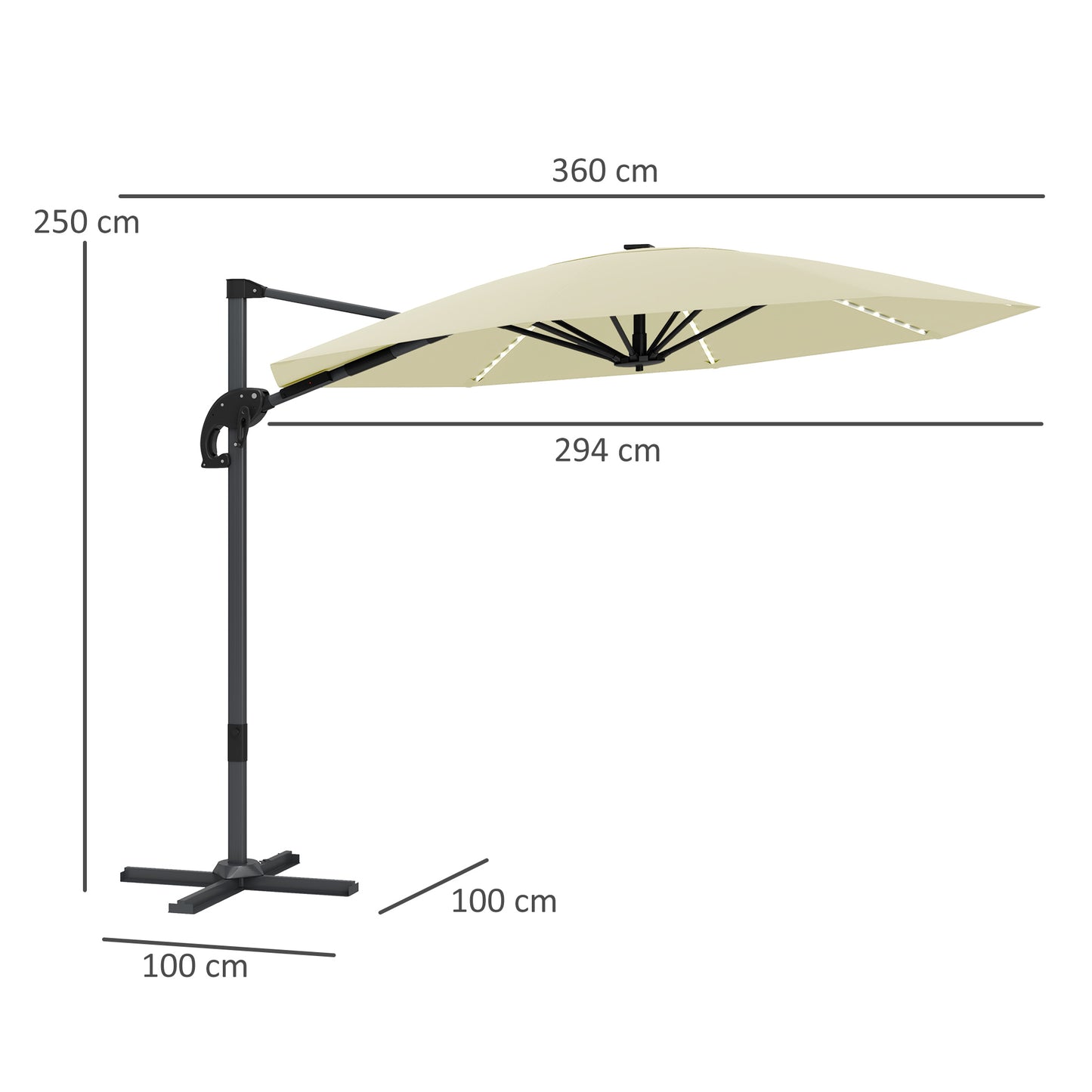 3(m) Garden Parasol w/ Lights, Crank Handle & Cross Base, Cream