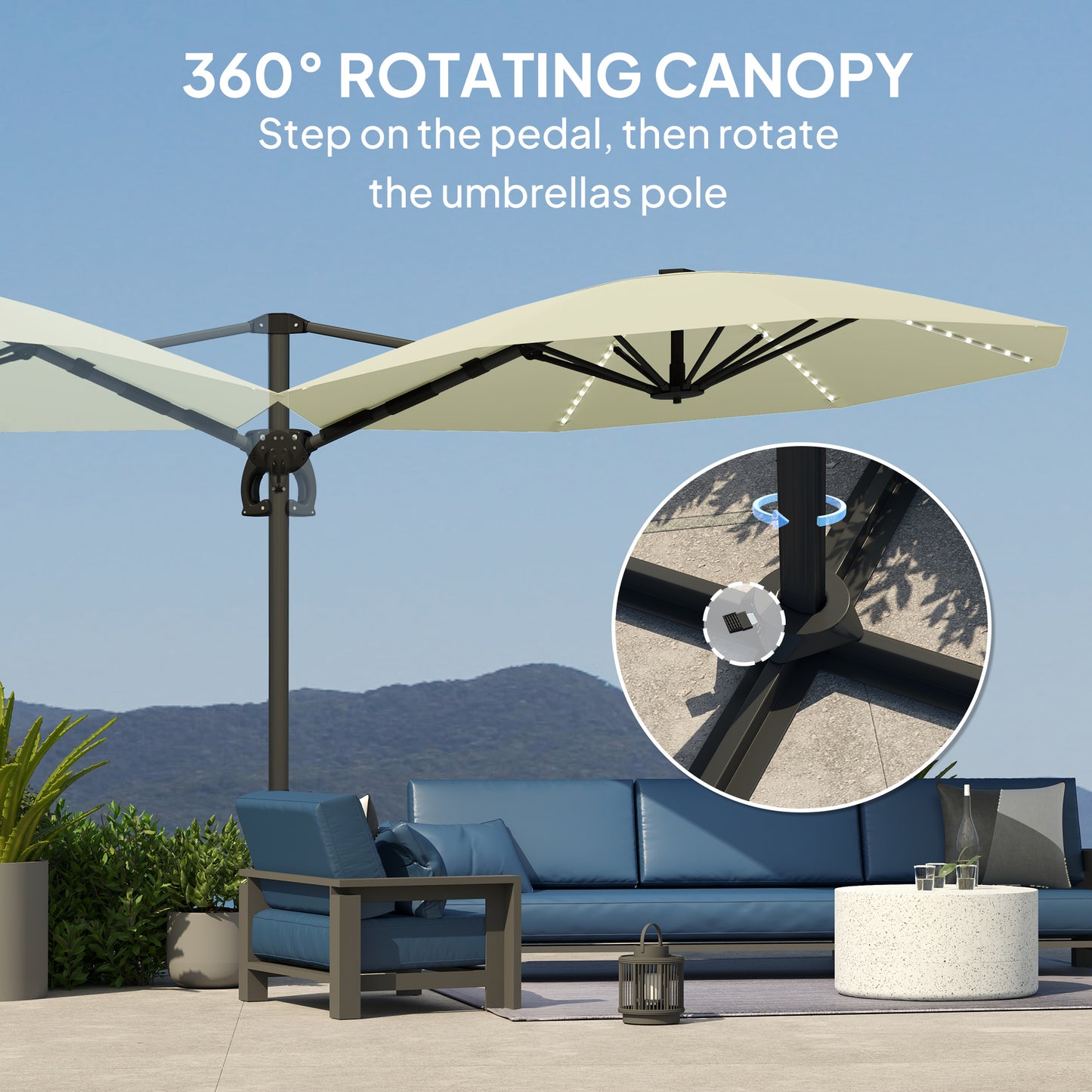 3(m) Garden Parasol w/ Lights, Crank Handle & Cross Base, Cream