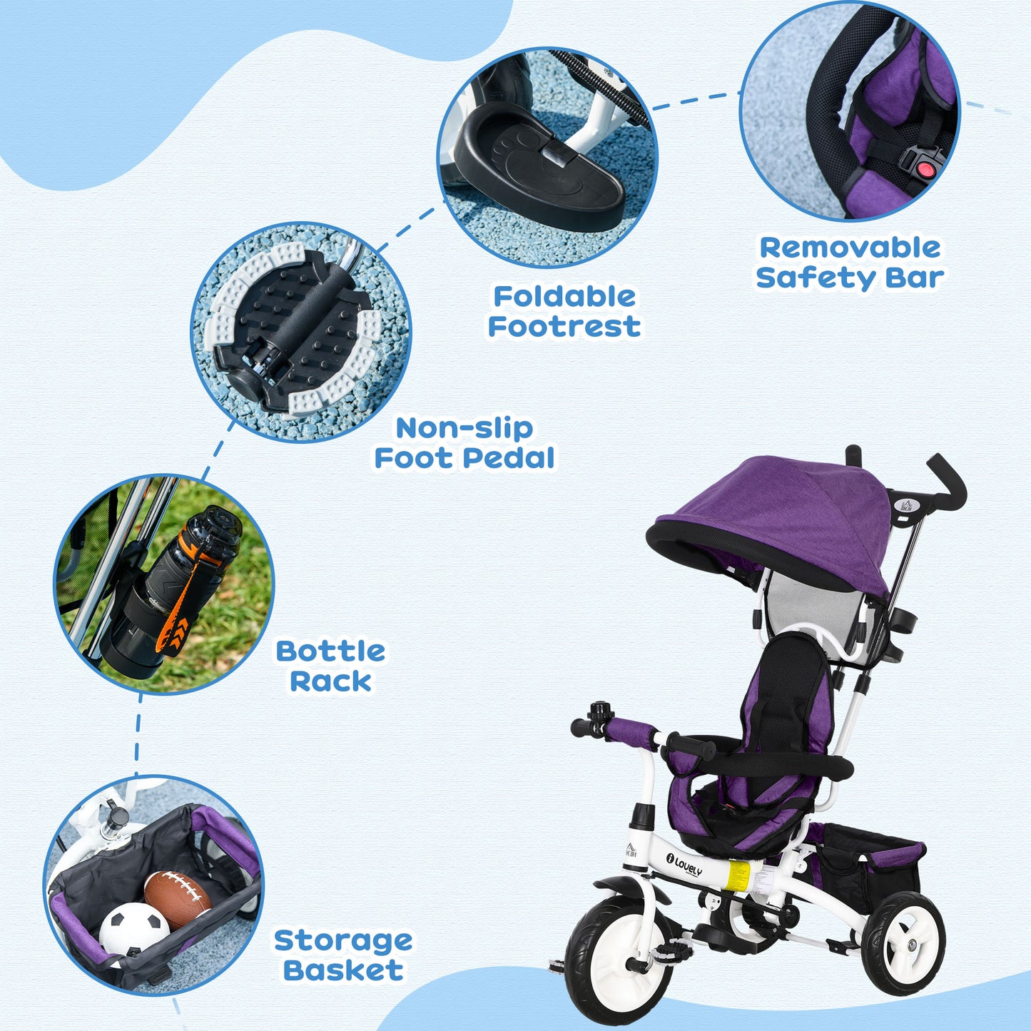 6 in 1 Kids Trike, Stroller with Parent Handle, Purple
