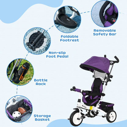 6 in 1 Kids Trike, Stroller with Parent Handle, Purple