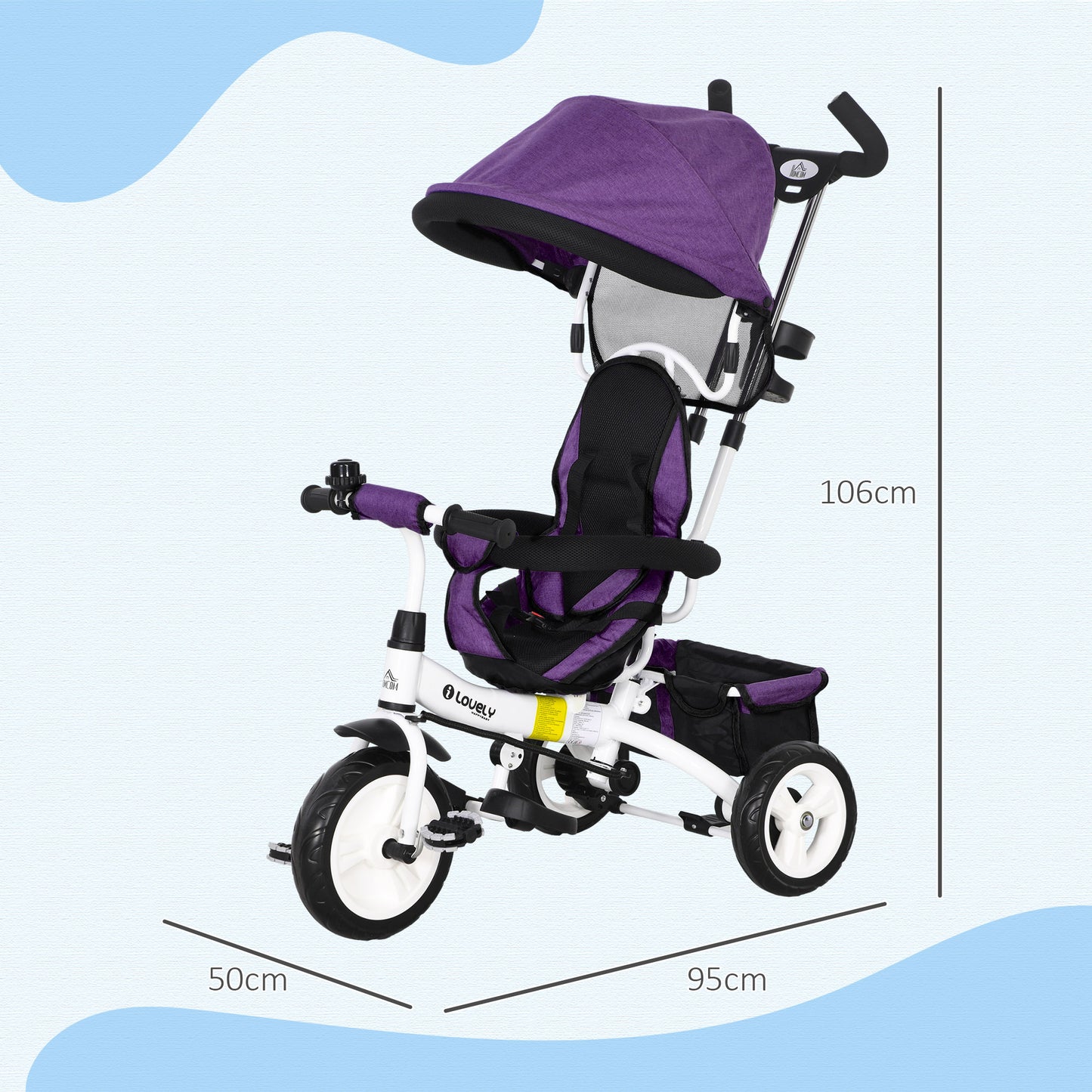 6 in 1 Kids Trike, Stroller with Parent Handle, Purple