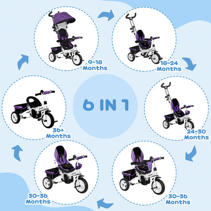 6 in 1 Kids Trike, Stroller with Parent Handle, Purple