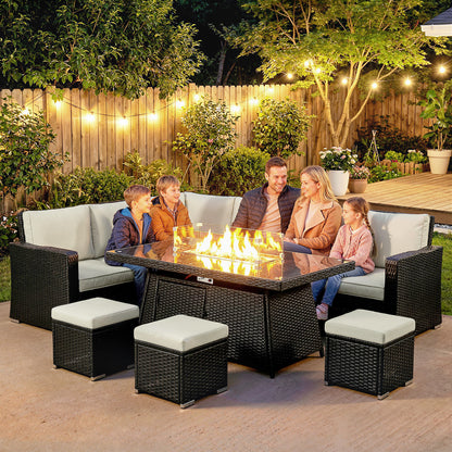 7 Pieces Rattan Garden Furniture Set w/ 50,000 BTU Fire Pit Table