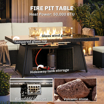 7 Pieces Rattan Garden Furniture Set w/ 50,000 BTU Fire Pit Table
