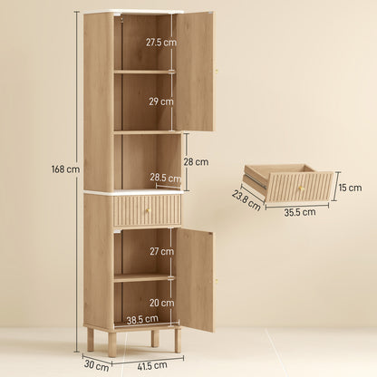 168 cm Tall Bathroom Cabinet with Drawer and Adjustable Shelves, Oak