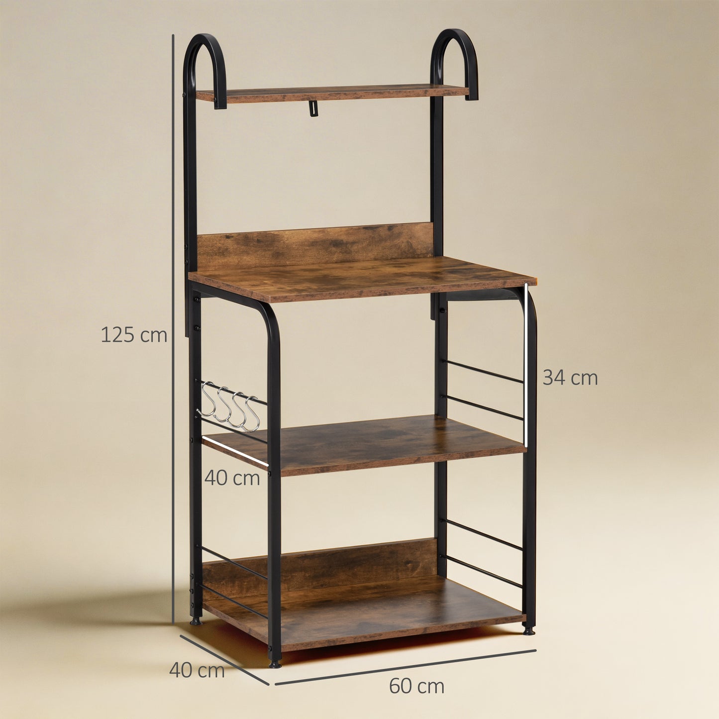 4-Tier Baker's Rack with Storage, Microwave Stand with 4 Hooks